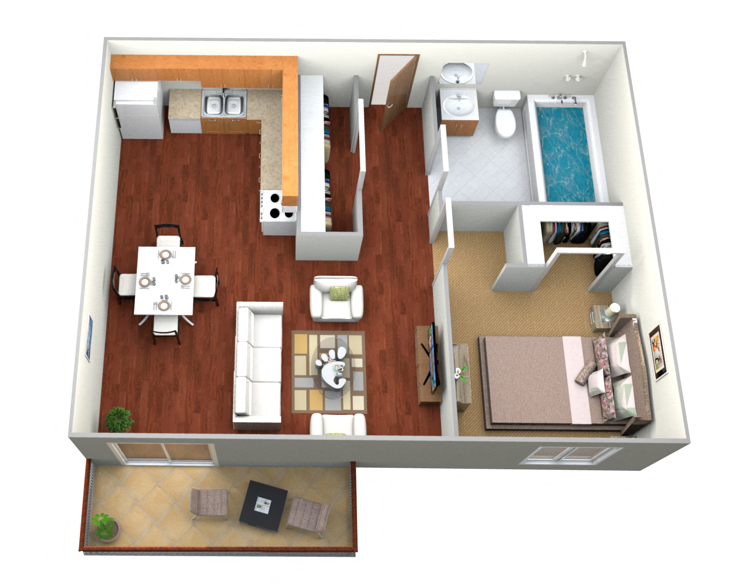 Floor plan for 1 bed, 1 bath, 500 sqft